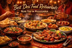 Best desi food restaurants in Mississauga featuring biryani, karahi, BBQ platters, naan, and traditional desserts in a vibrant family dining setting.